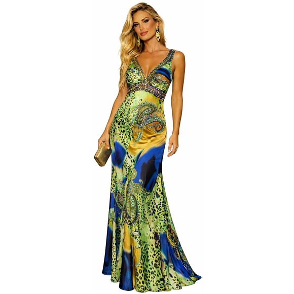 Cache Dresses & Skirts - Vintage Cache Silk Halter Maxi Dress US 2 Beaded Paisley Print Evening